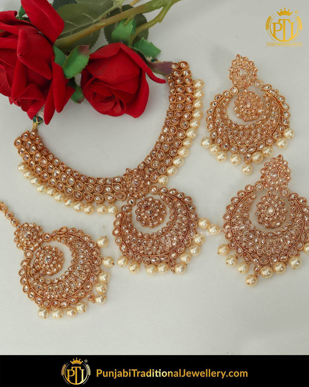 Gold Finished Champagne Stone Pearl Necklace  Set | Punjabi Traditional Jewellery Exclusive