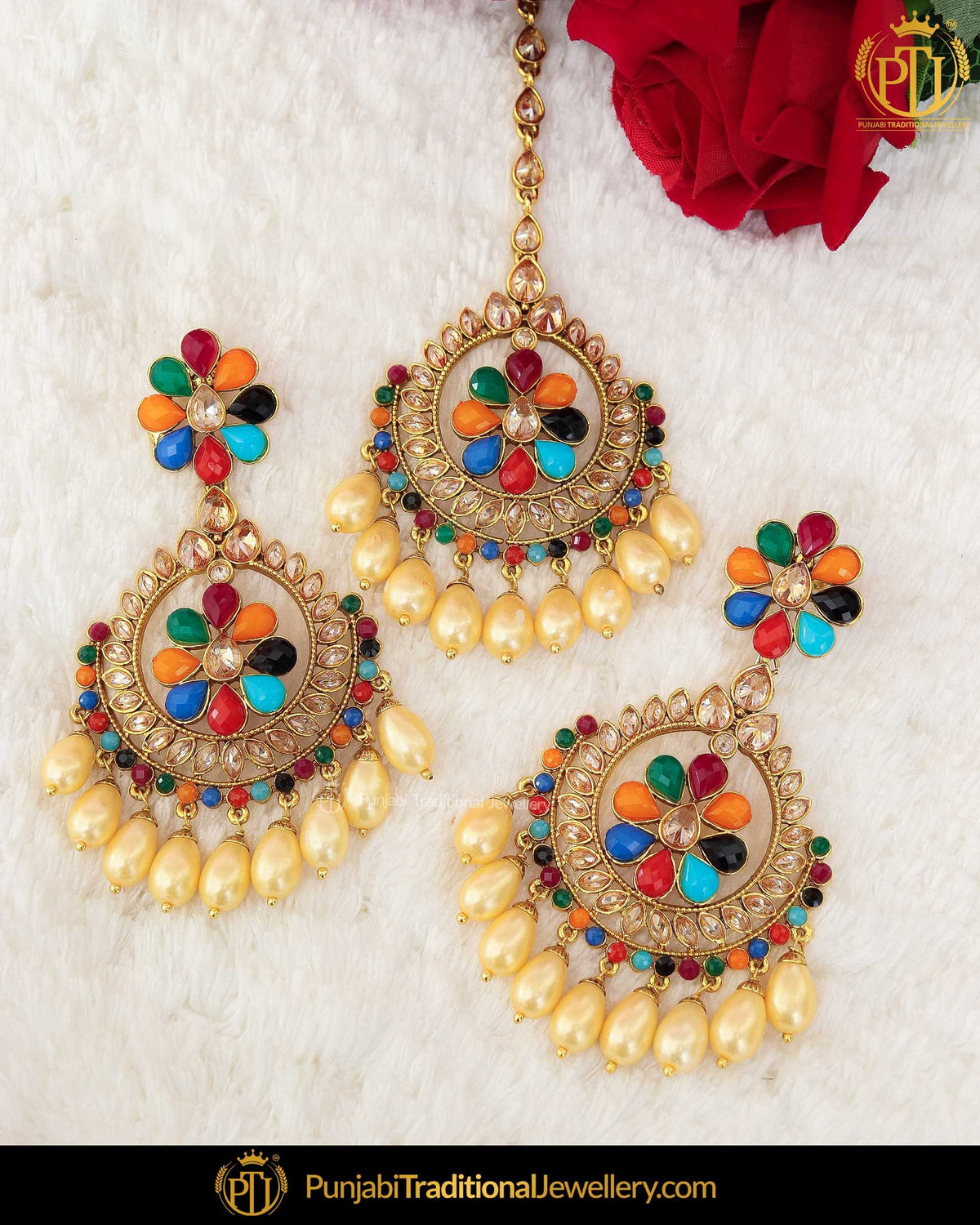Gold Finished Chamapgne Stone Navratan Pearl Earring Tikka Set | Punjabi Traditional Jewellery Exclusive