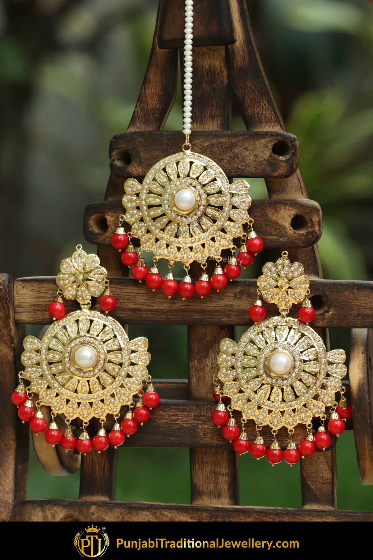 Gold Finished Red Jadau Pearl Earring Tikka Set | Punjabi Traditional Jewellery Exclusive