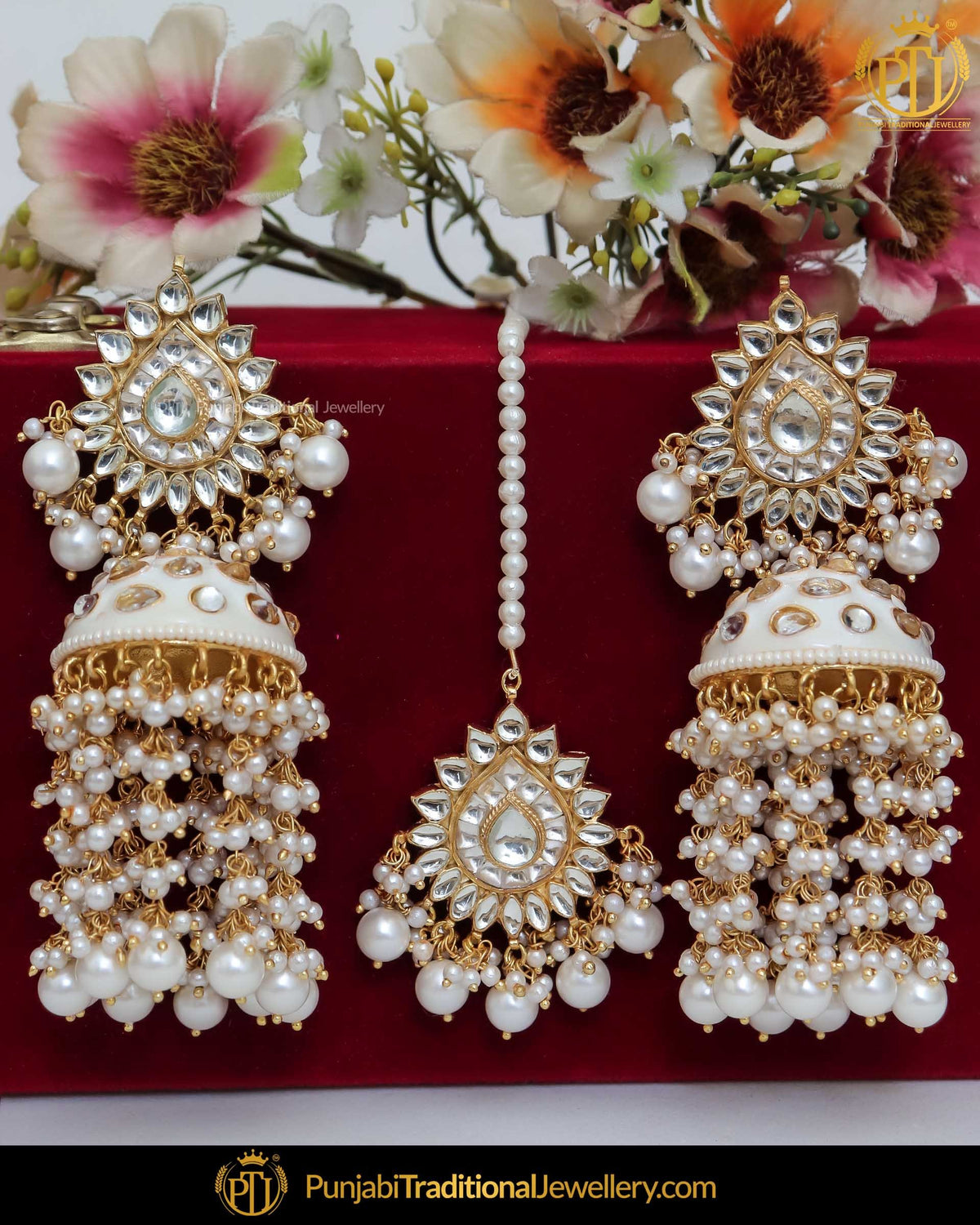 Hand Painted Meena Kundan Pearl White Jhumki Earrings & Tikka | Punjabi Traditional Jewellery Exclusive