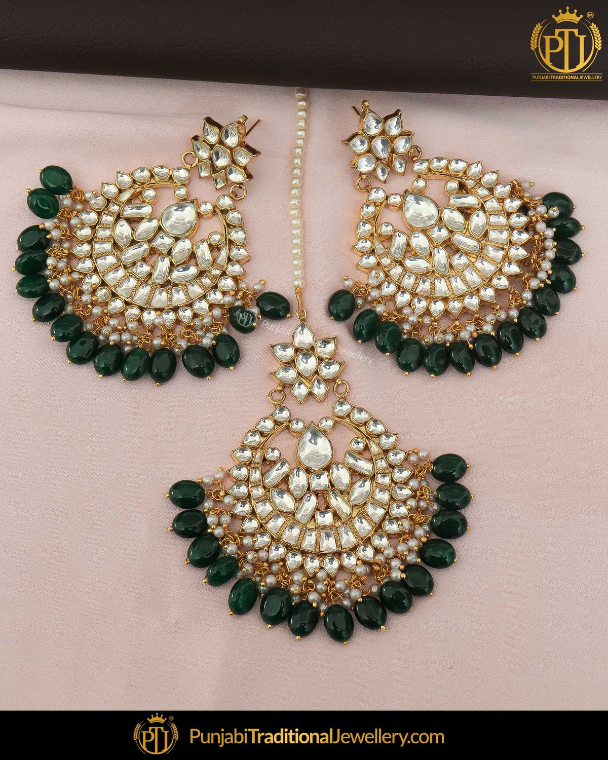 Gold Finished Firozi Pearl Kundan Earring Tikka Set | Punjabi Traditional Jewellery Exclusive