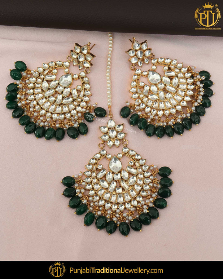 Gold Finished Firozi Pearl Kundan Earring Tikka Set | Punjabi Traditional Jewellery Exclusive