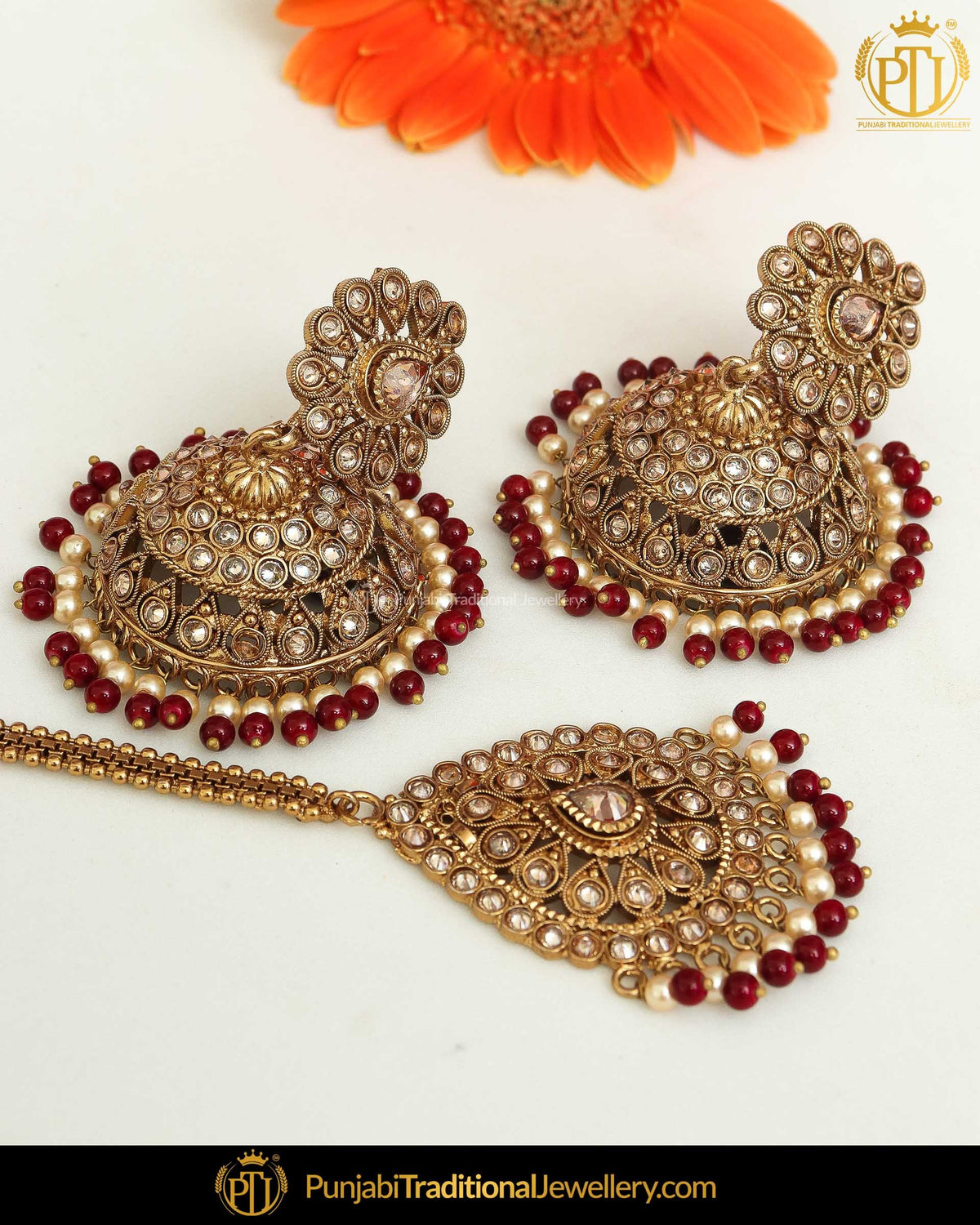 Antique Gold Finished Rubby Champagne Stone Jhumki Earrings & Tikka | Punjabi Traditional Jewellery Exclusive