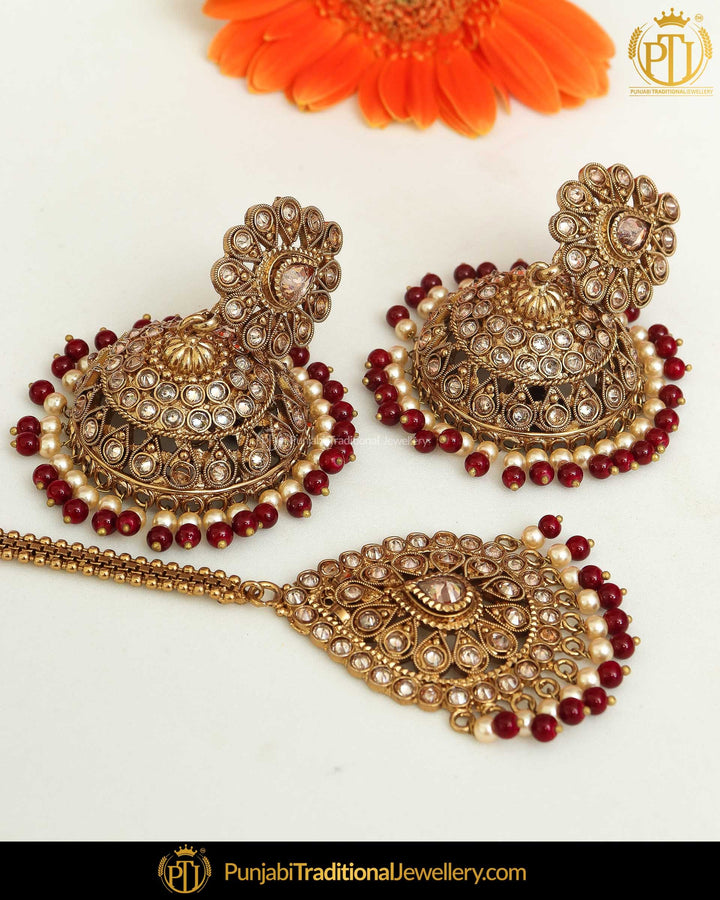 Antique Gold Finished Rubby Champagne Stone Jhumki Earrings & Tikka | Punjabi Traditional Jewellery Exclusive