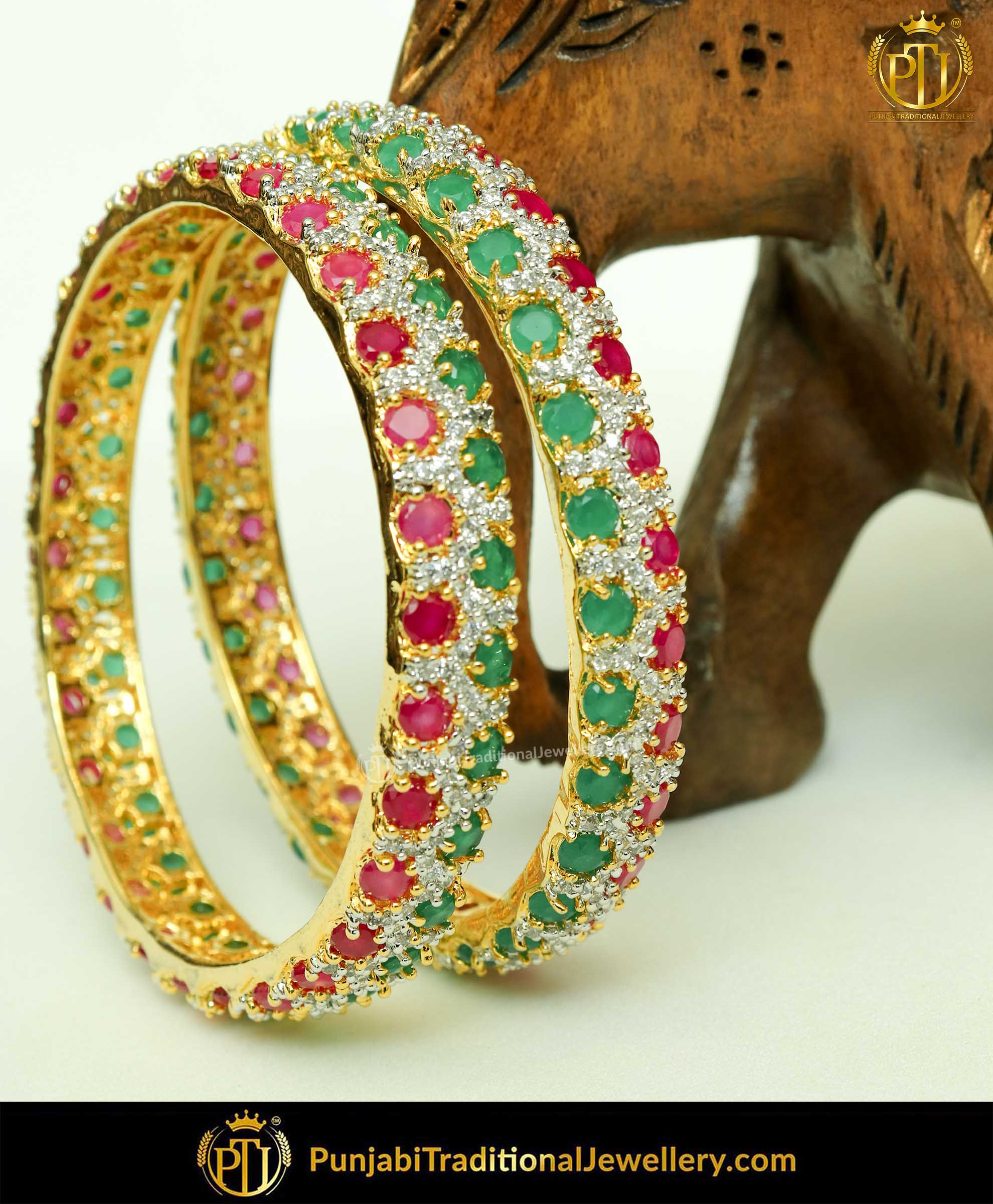 Rubby Panna American Diamond Karra Bangles (Pair)| Punjabi Traditional Jewellery Exclusive