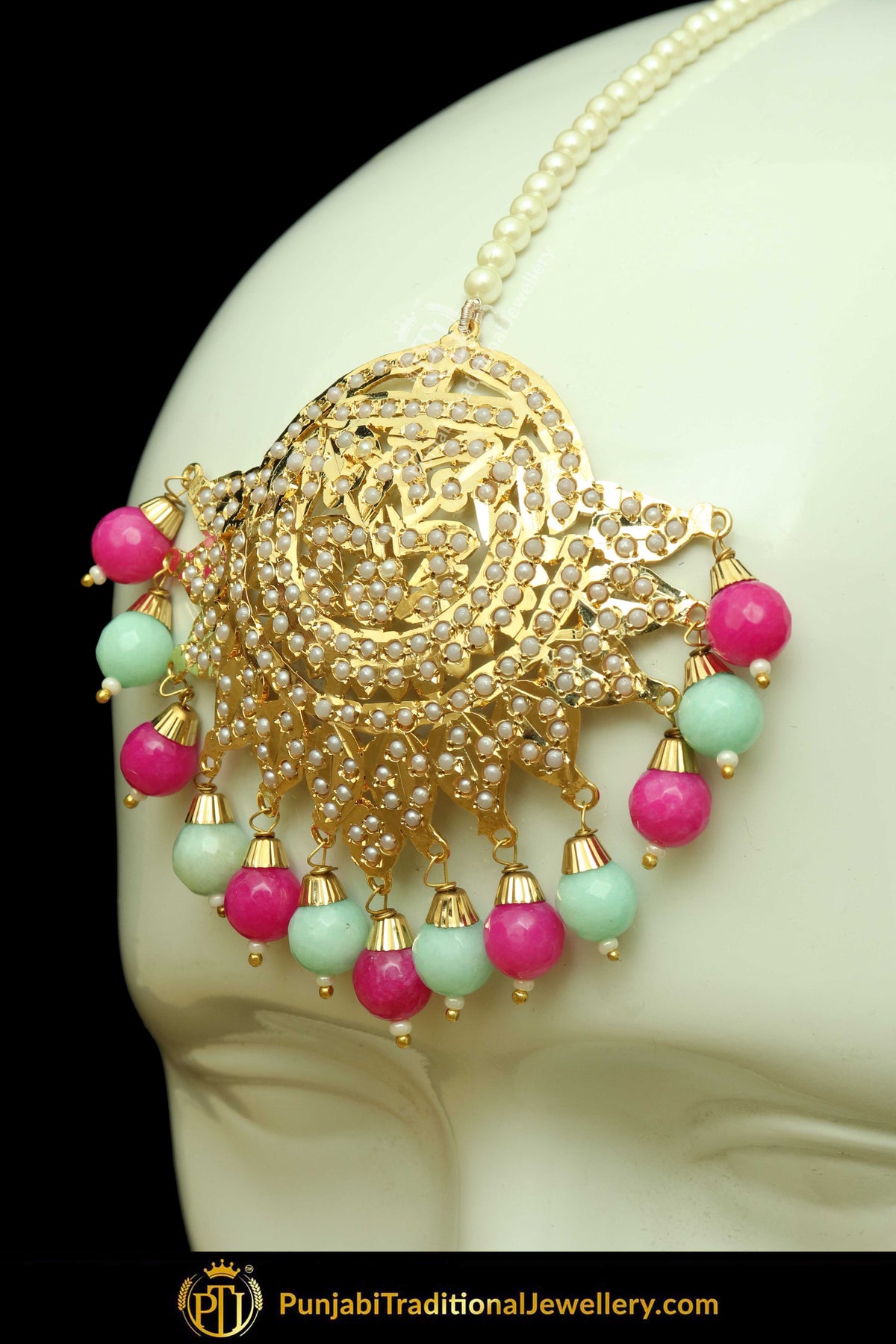 Gold Finished Pink & Firozi Jadau Pearl Earring Tikka Set | Punjabi Traditional Jewellery Exclusive