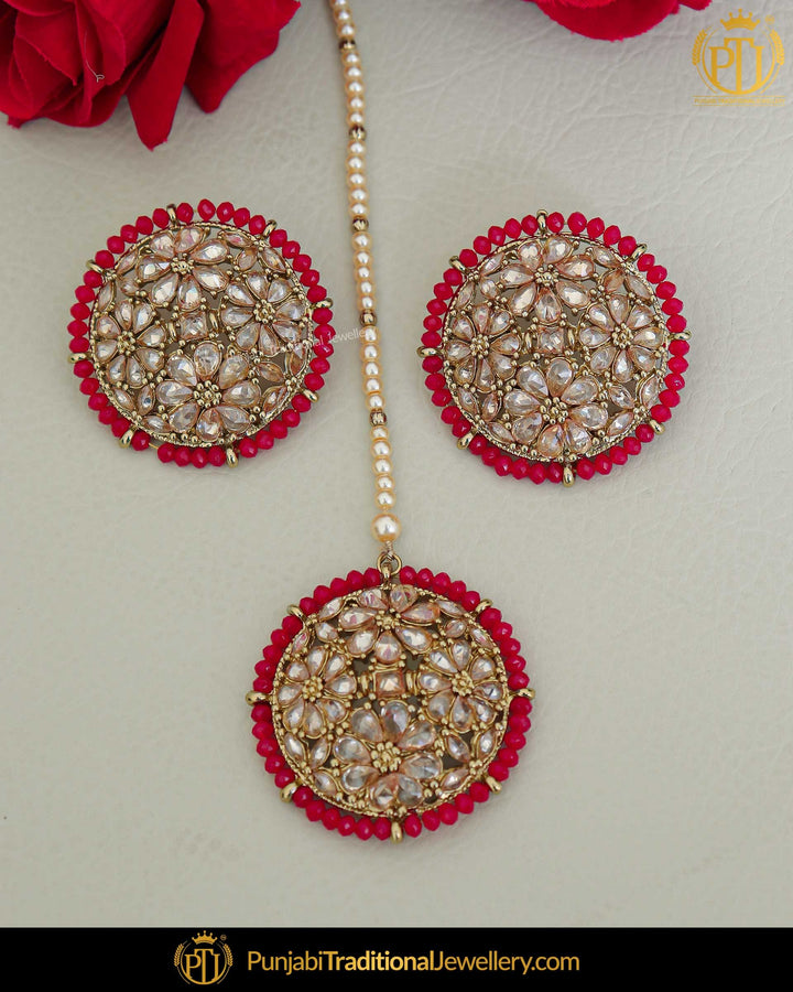 Gold Finished Hot Pink Champagne Stone Stud Earring Tikka Set | Punjabi Traditional Jewellery Exclusive