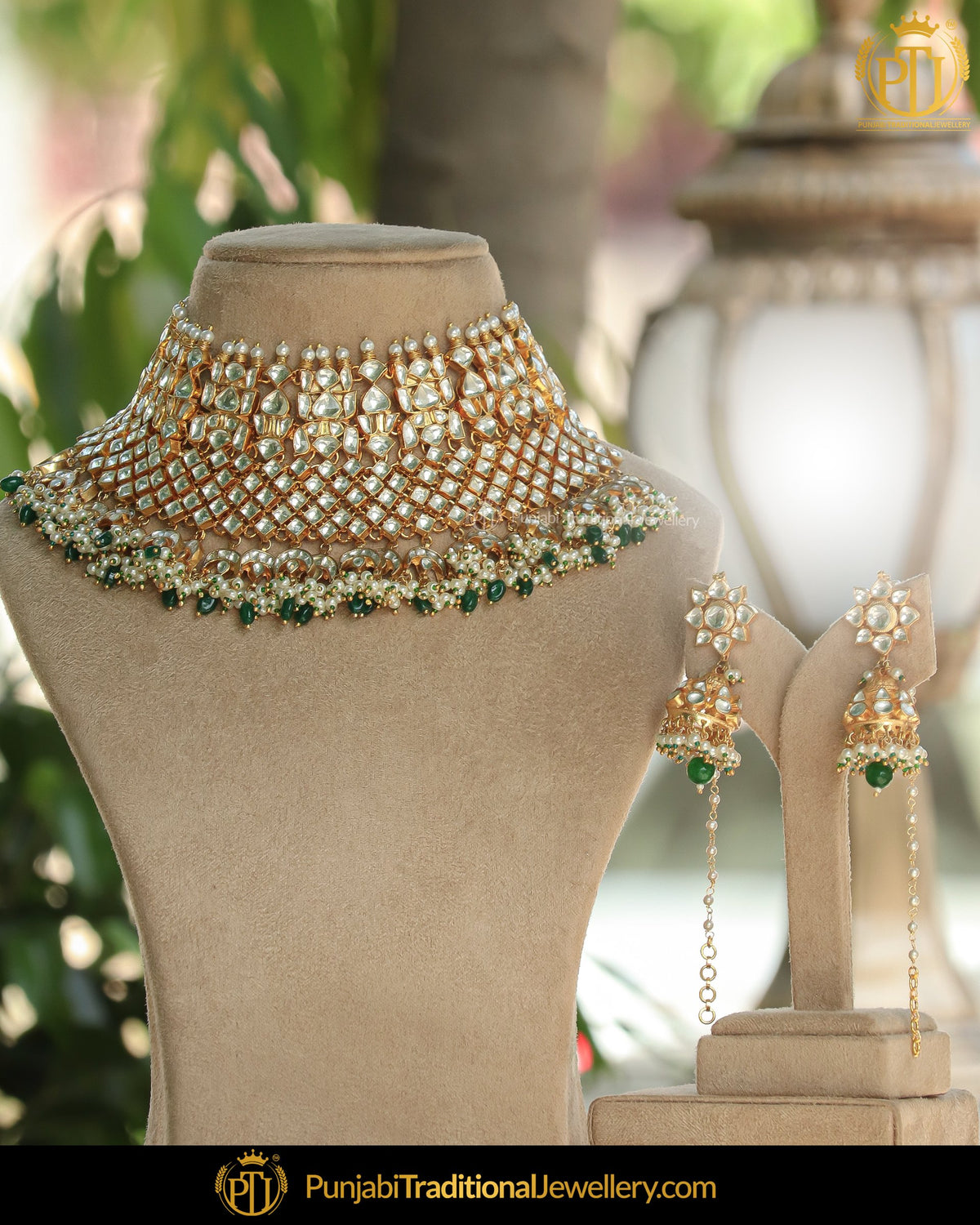 Gold Finished Green Green Kundan Choker Necklace Set | Punjabi Traditional Jewellery Exclusive