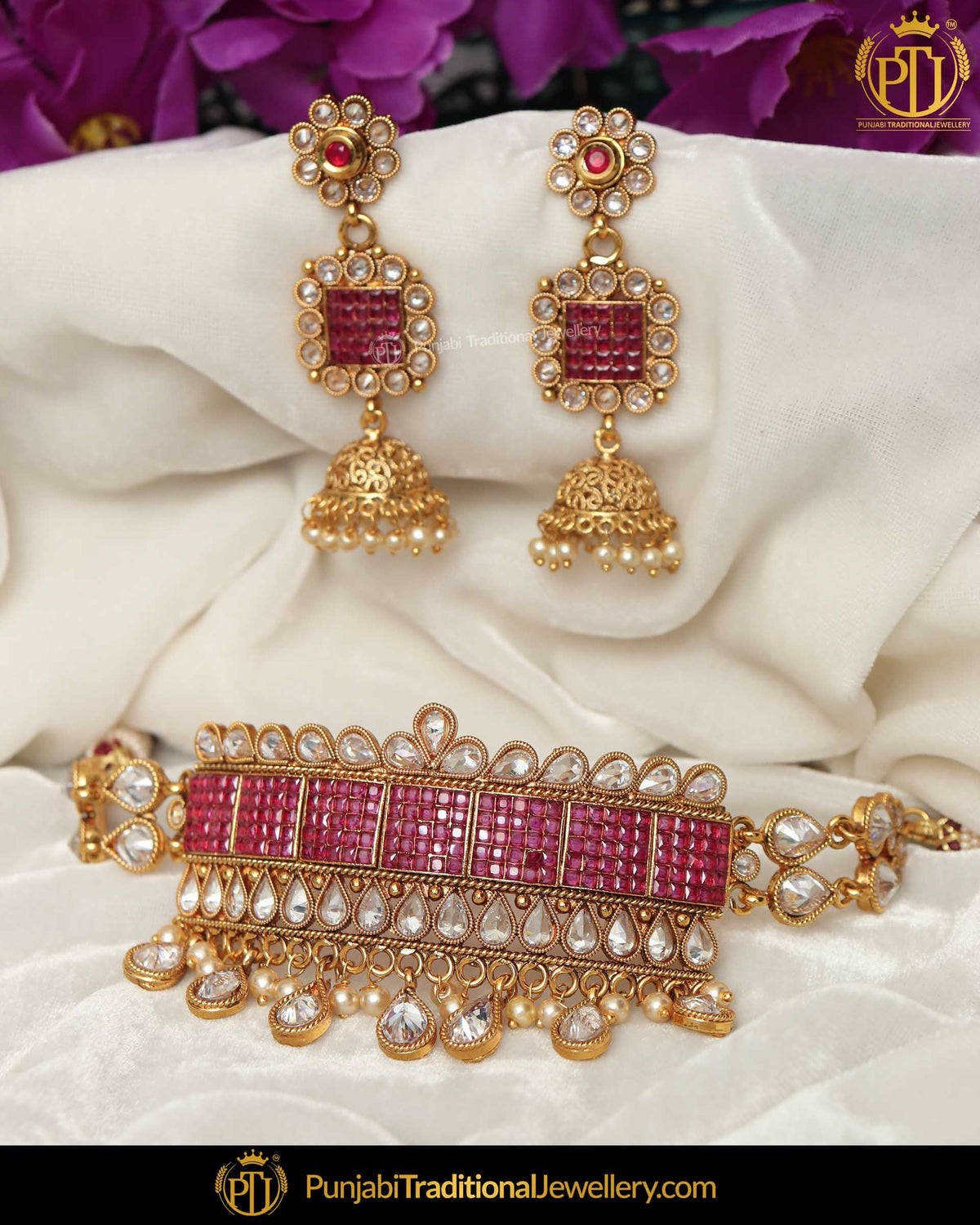 Gold Finished Rubby Polki Stone Pearl Choker Necklace Set  | Punjabi Traditional Jewellery Exclusive