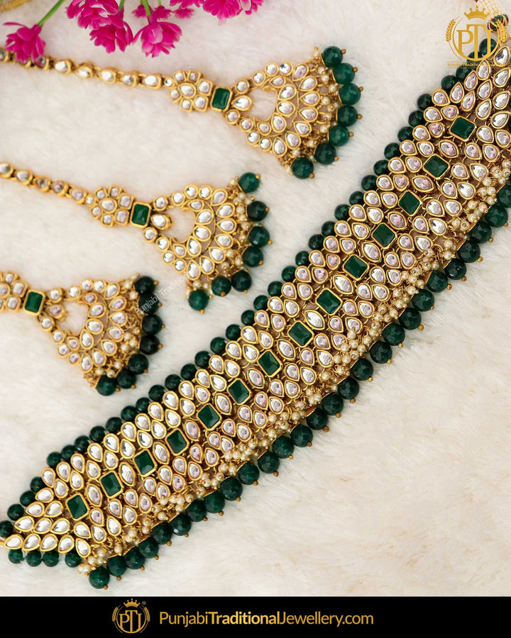 Gold Finished Emerald Kundan Pearl Choker Necklace Set | Punjabi Traditional Jewellery Exclusive