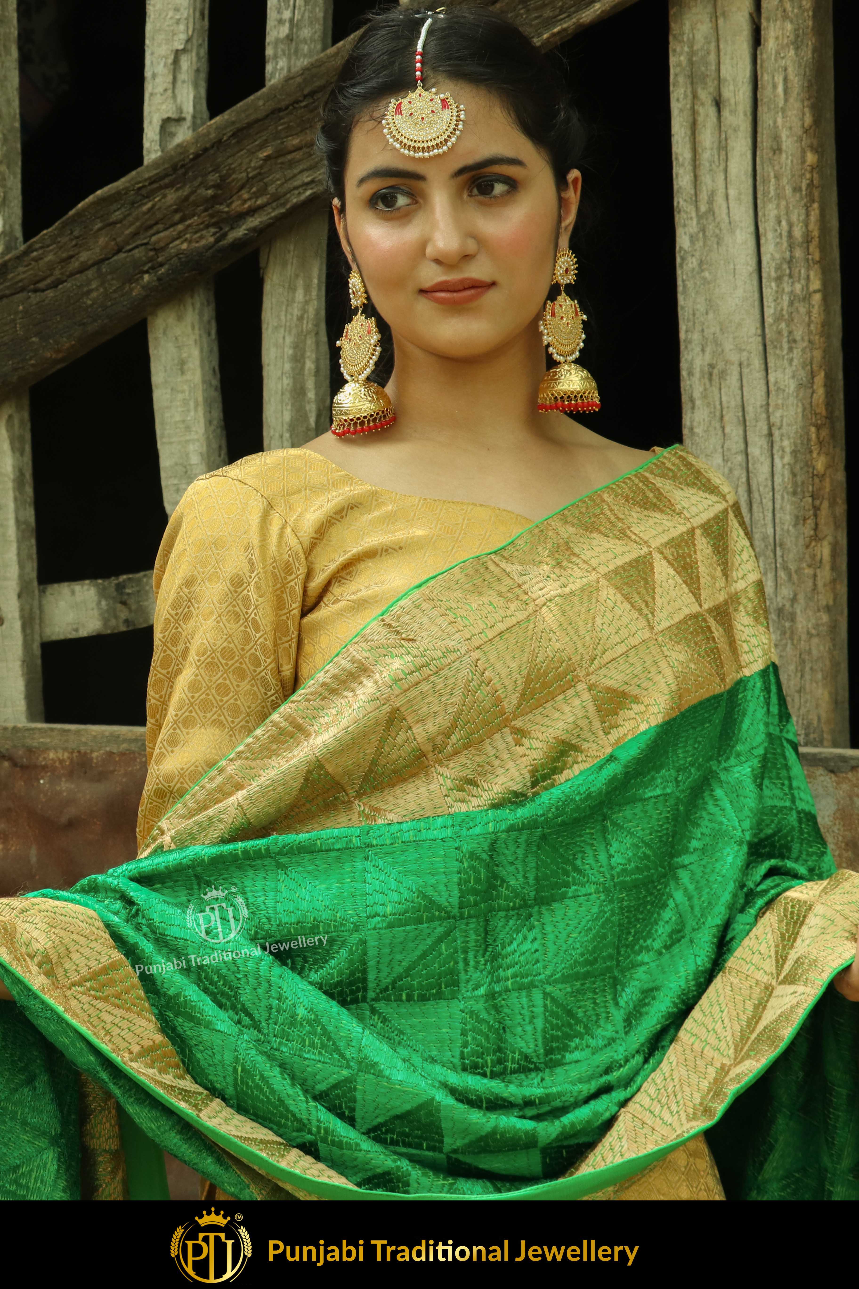Golden & Green Color Pure Phulkari Dupatta By Punjabi Traditional Jewellery