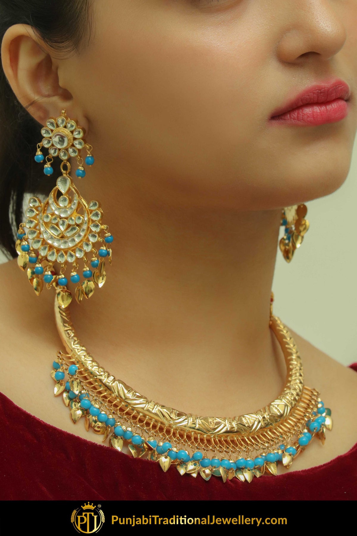 Furayah Firozi Pippal Patti Hasli Necklace & Kundan Earring Set | Punjabi Traditional Jewellery Exclusive