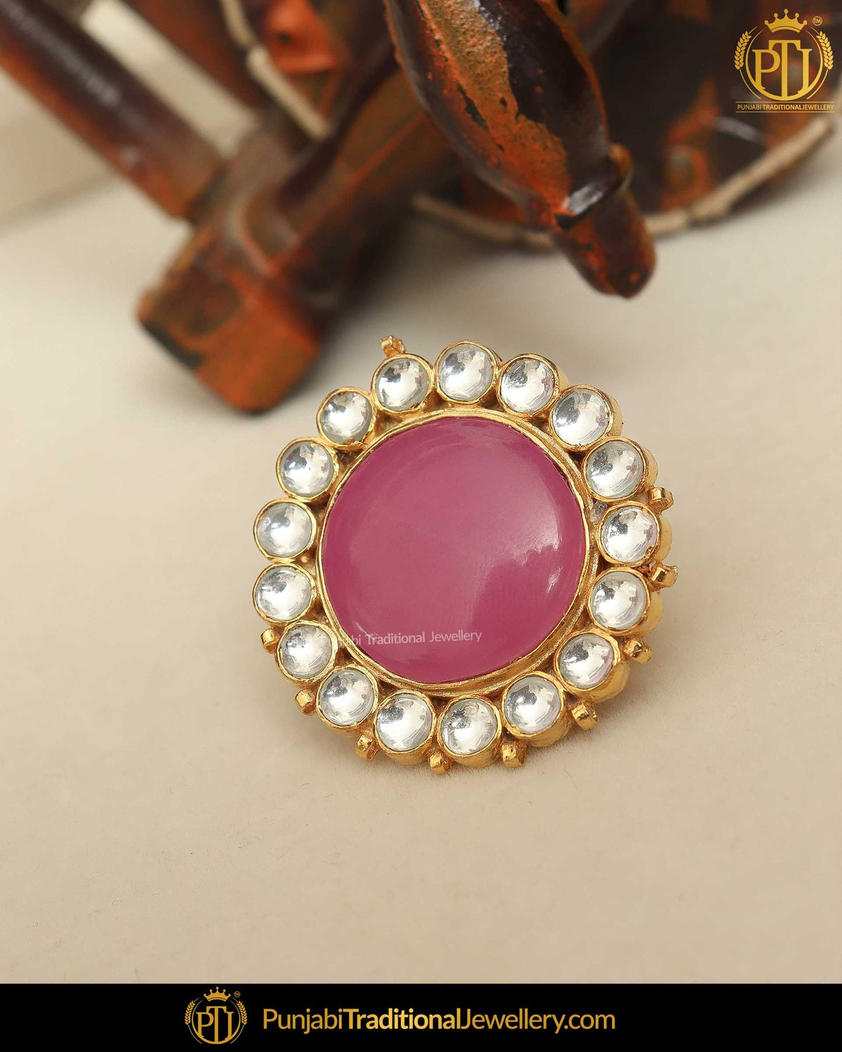 Gold Finished Pink Kundan Ring | Punjabi Traditional Jewellery Exclusive