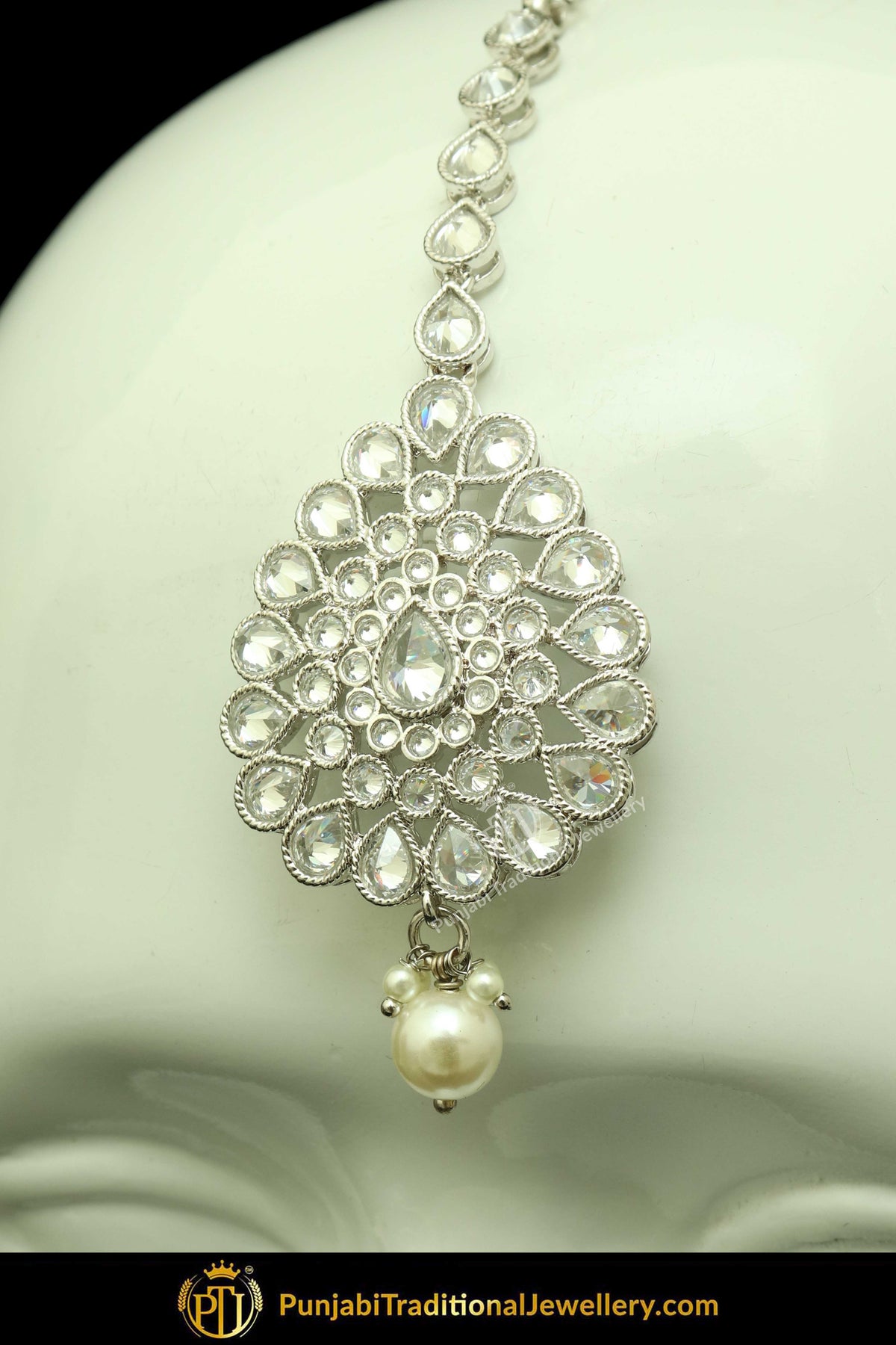 Silver Finished Polki Stone Oversized Stud Earrings & Tikka Set By Punjabi Traditional Jewellery