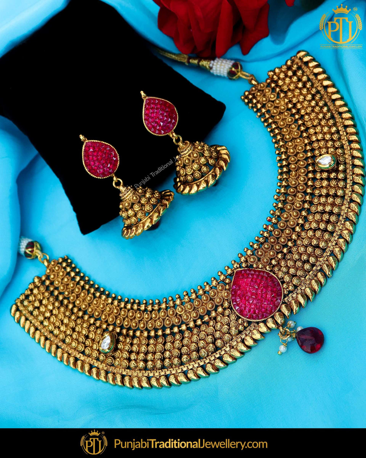 Antique Gold Finished Rubby Choker Johda Necklace Set  | Punjabi Traditional Jewellery Exclusive