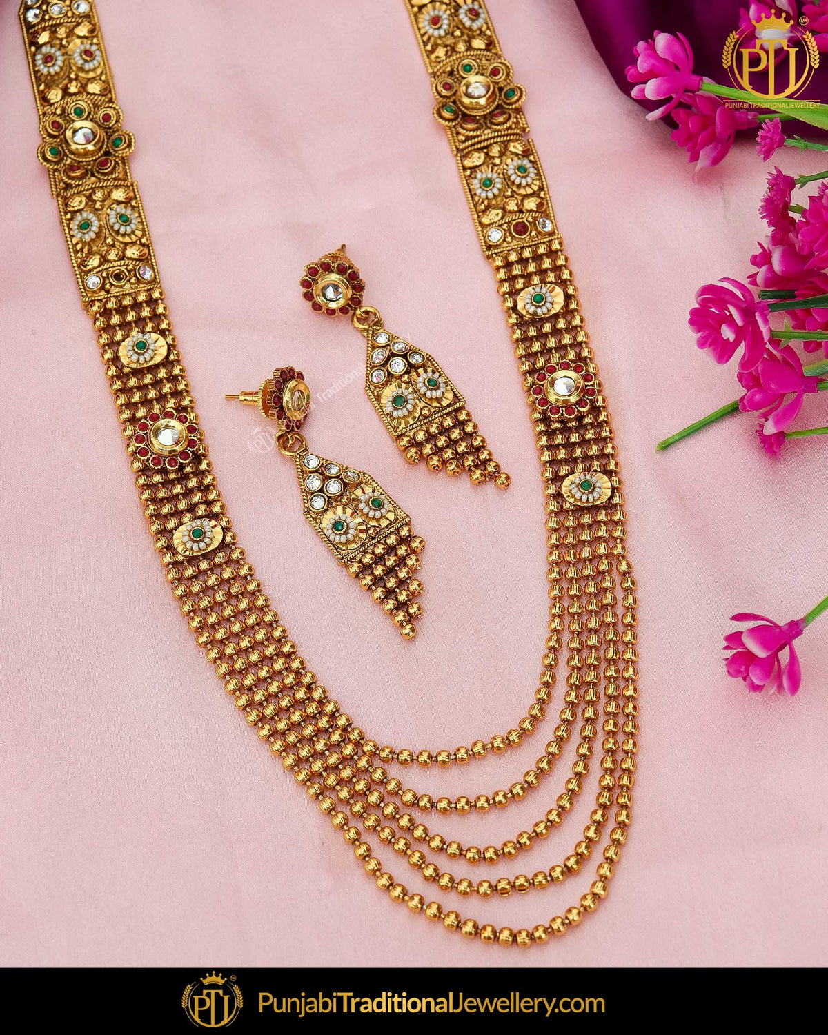 Antique Gold Finished Emerald Rubby Johda long Set | Punjabi Traditional Jewellery Exclusive
