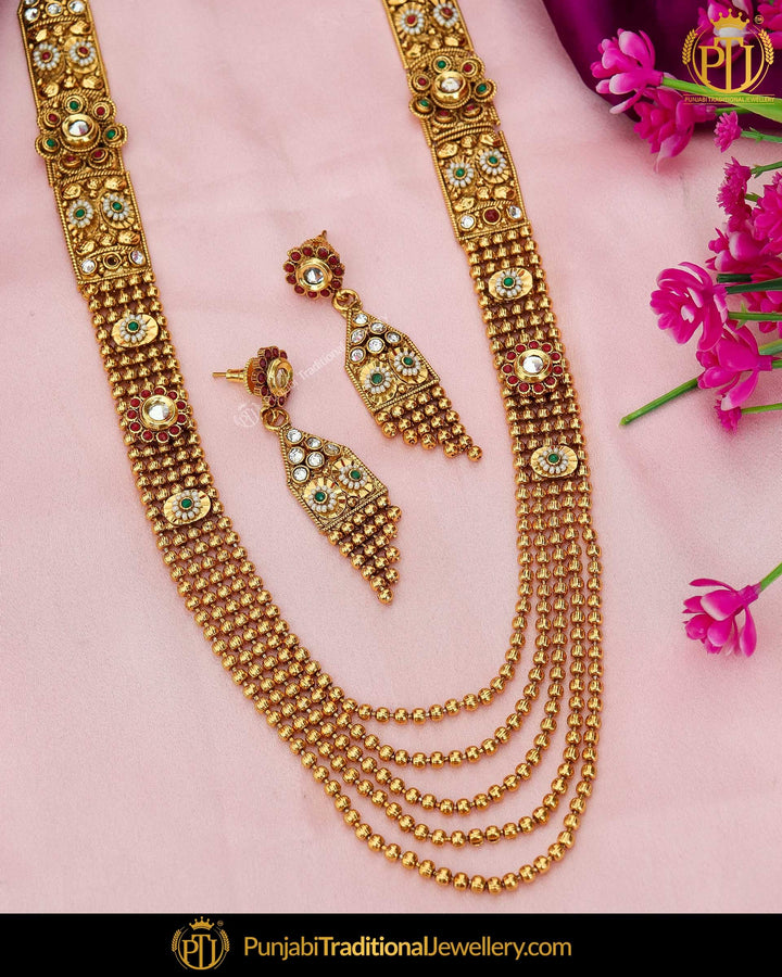 Antique Gold Finished Emerald Rubby Johda long Set | Punjabi Traditional Jewellery Exclusive