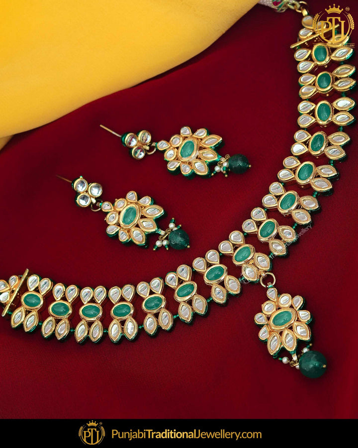 Gold Finished Emerald Kundan Necklace Set | Punjabi Traditional Jewellery Exclusive