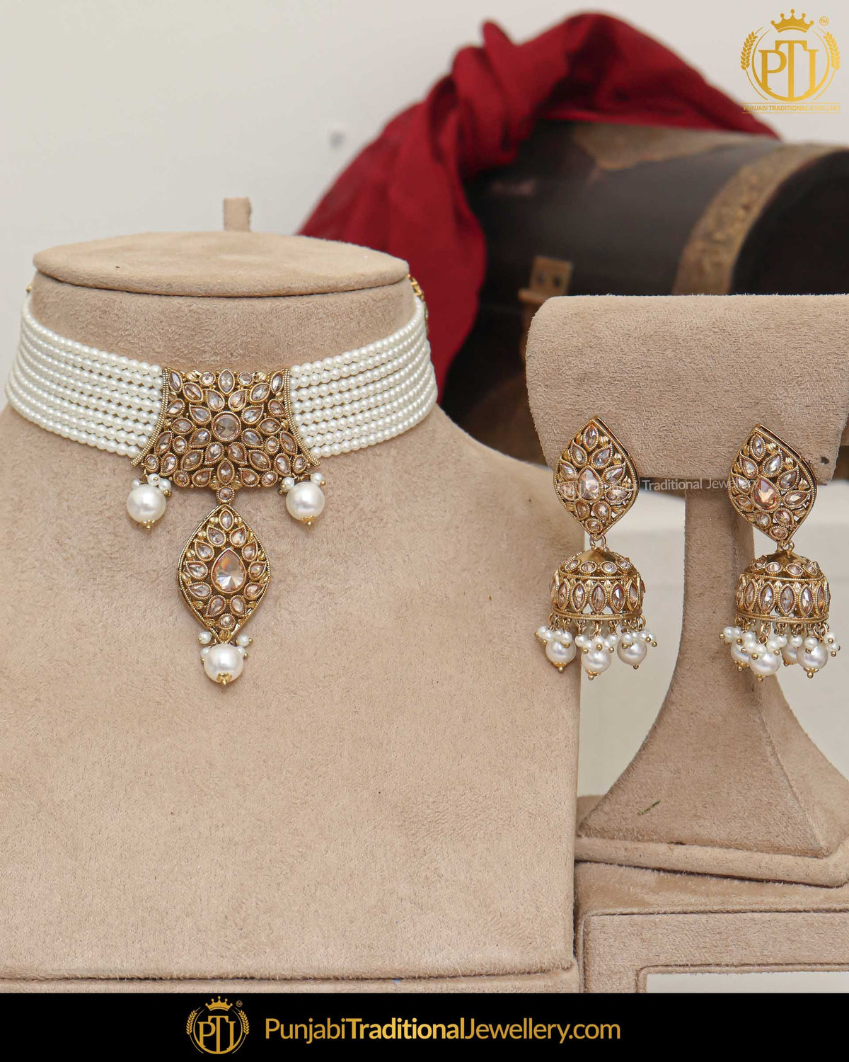 Gold Finished Champagne Stone White Pearl Necklace Set | Punjabi Traditional Jewellery Exclusive
