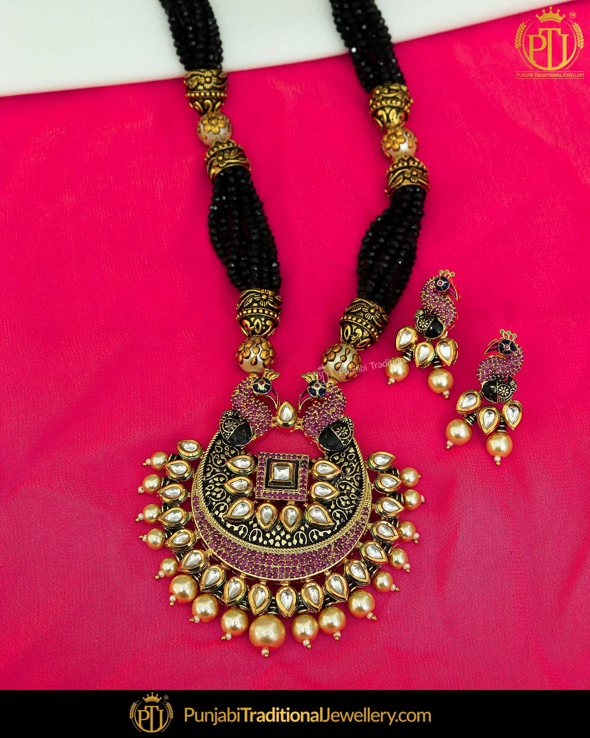 Gold Finished Black Pearl Kundan Mala Necklace Set | Punjabi Traditional Jewellery Exclusive