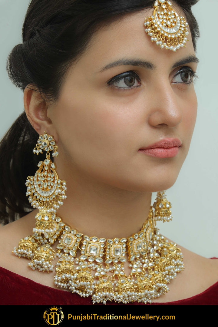 Fakhtah Golden Kundan Pearl Necklace Set | Punjabi Traditional Jewellery Exclusive