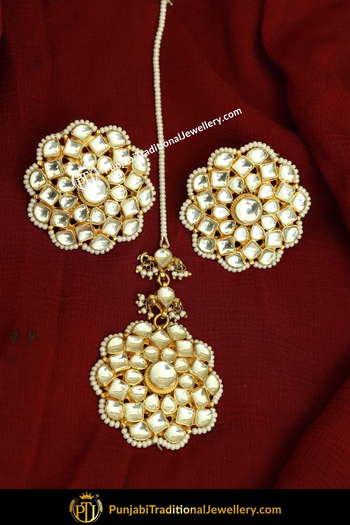 Gold Finished Pearl Stud Earring Tikka Set | Punjabi Traditional Jewellery Exclusive