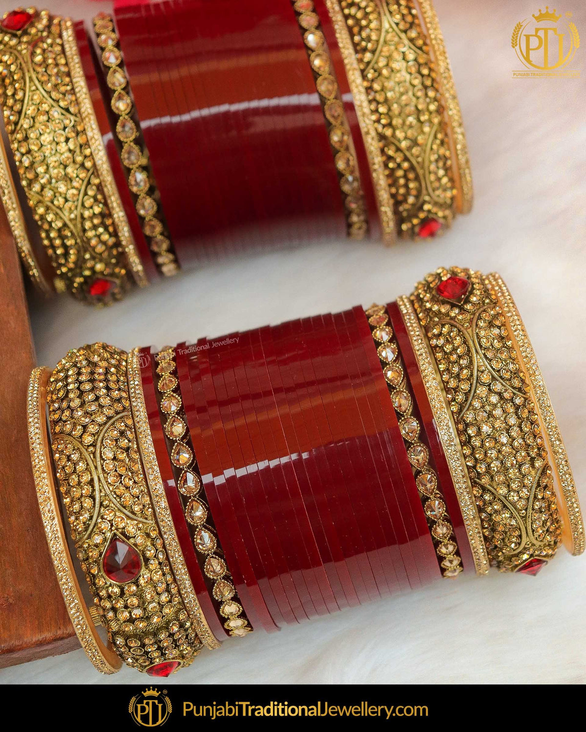Maroon Champagne Stone Bridal Chura With karra Bagle | Punjabi Traditional Jewellery Exclusive