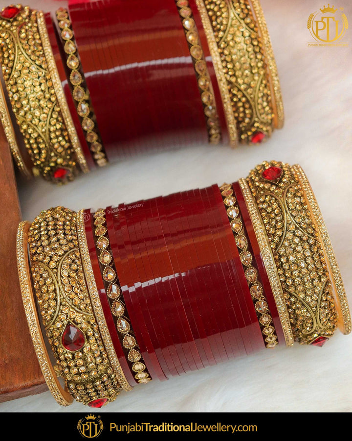 Maroon Champagne Stone Bridal Chura With karra Bagle | Punjabi Traditional Jewellery Exclusive