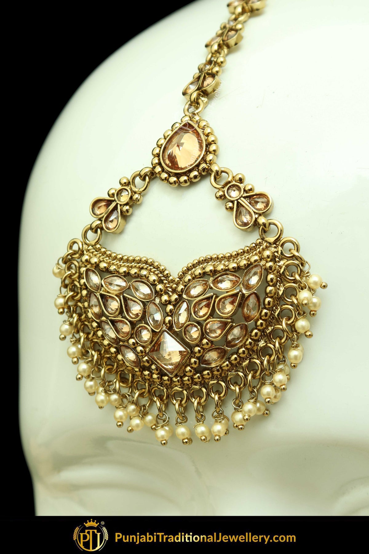 Antique Gold Finised Champagne Stone Earring Tikka Set By Punjabi Traditional Jewellery