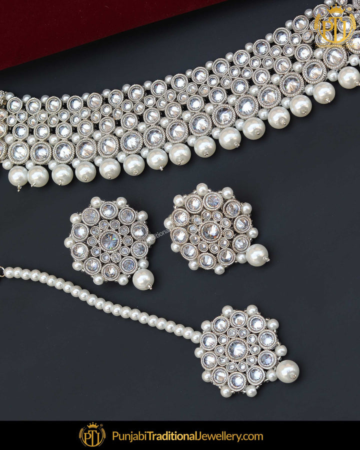 Silver Finished Polki Stone Pearl Choker Necklace Set | Punjabi Traditional Jewellery Exclusive