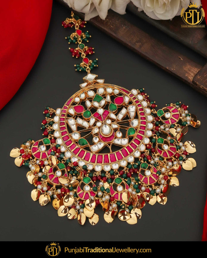 Gold Finished Kundan Green Red Pippal Patti Pearl Tikka | Punjabi Traditional Jewellery Exclusive