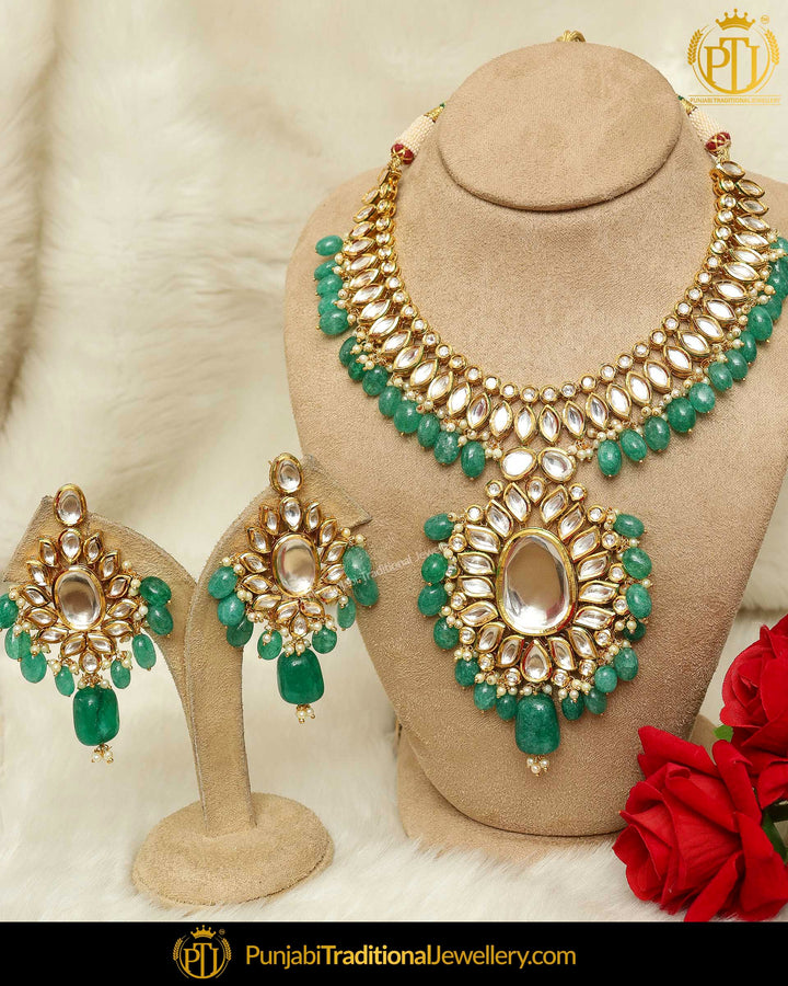 Green Kundan Necklace Set By Punjabi Taditional Jewellery