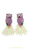 Gold Finished Hand Painted Owl Earrings by PTJ