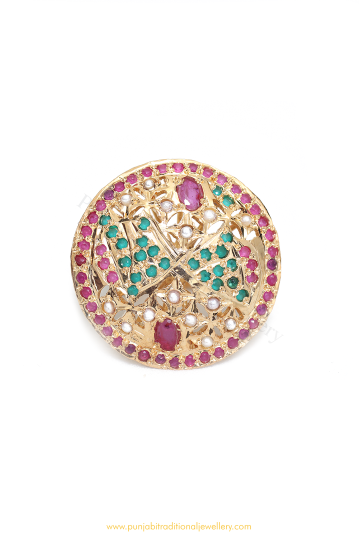 Gold Finished Rubby Emerald Jadau Ring By PTJ