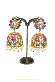 Gold Finished Rubby Emerald Kundan Jhumki Earrings by PTJ