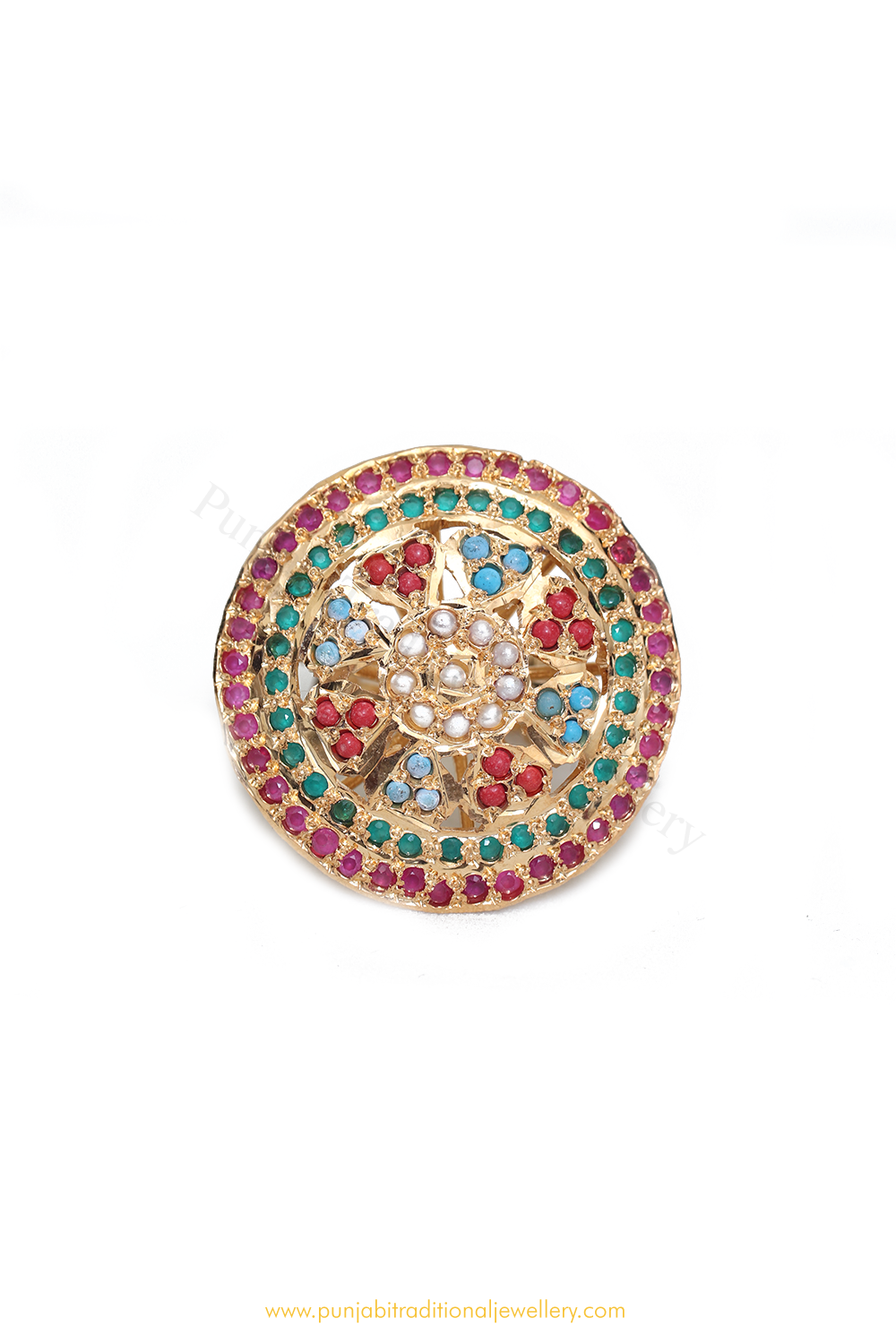 Gold Finished Navratan Kundan Ring By PTJ