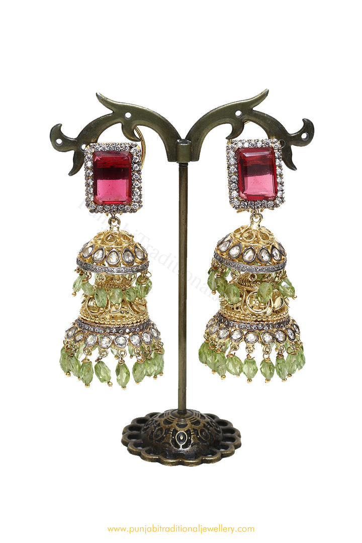 Gold Finished Rubby Kundan Jhumki Earrings by PTJ
