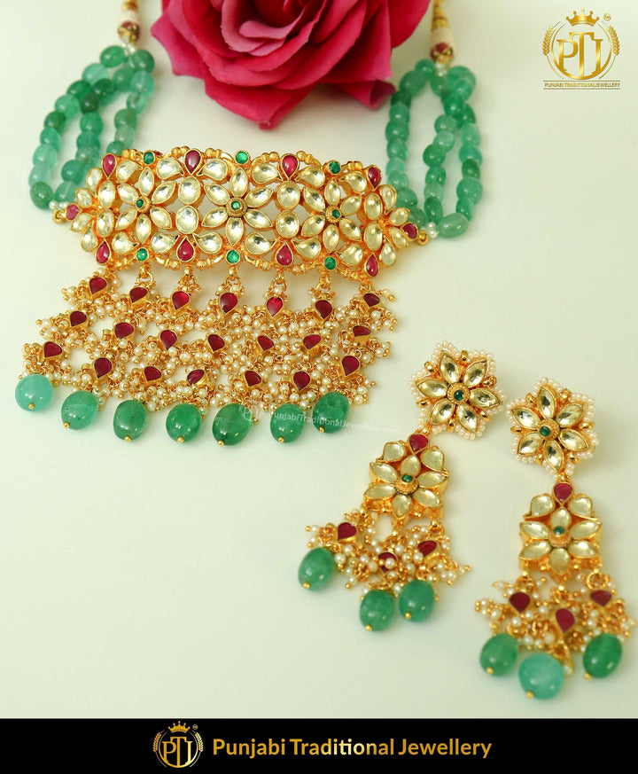 Gold Finished Rubby Emerald Kundan Choker Set | Punjabi Traditional Jewellery Exclusive