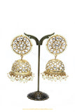 Gold Finished Pearl Kundan Jhumki Earrings by PTJ