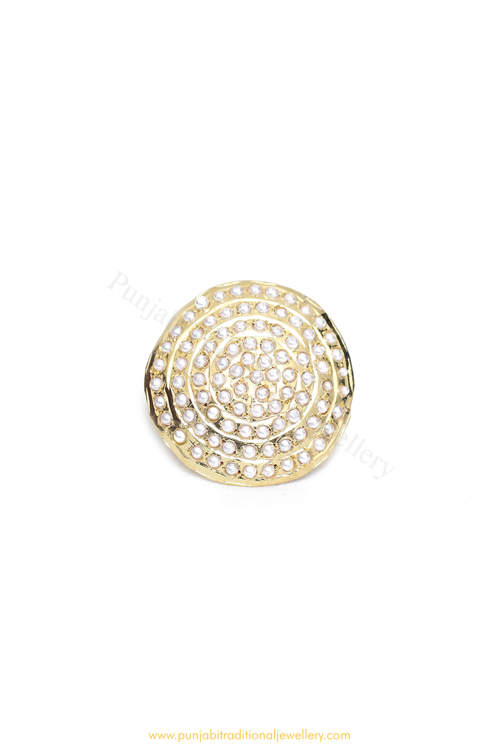 Gold Finished Pearl Jadau Ring By PTJ