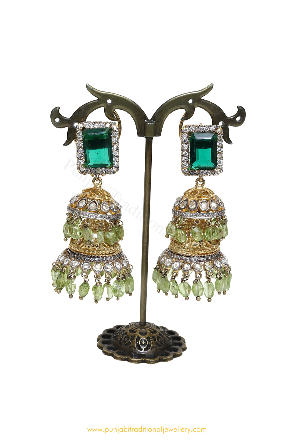 Gold Finished Emerald Kundan Jhumki Earrings by PTJ