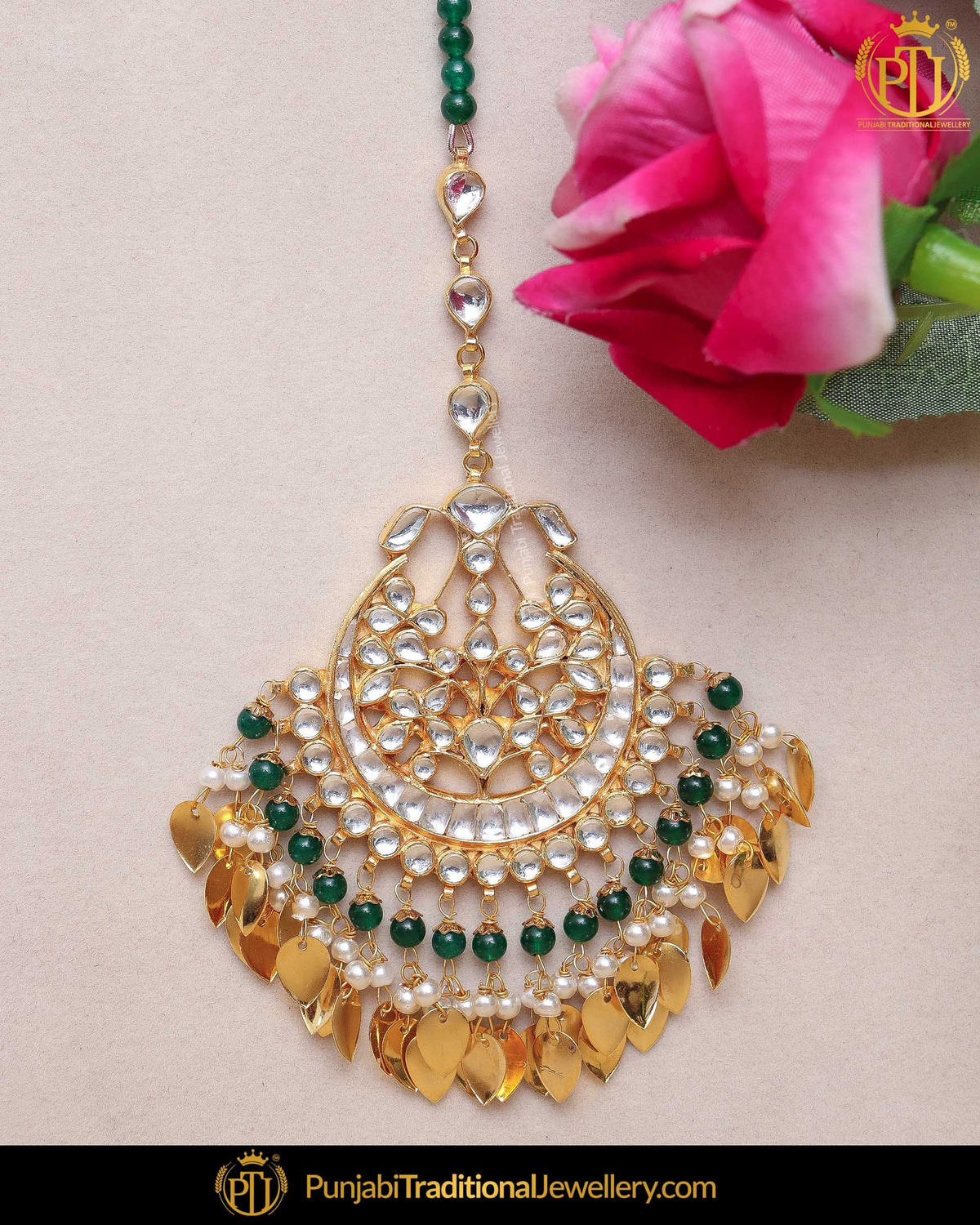 Gold Finished Pippal Patti Emerald Kundan Pearl Tikka | Punjabi Traditional Jewellery Exclusive