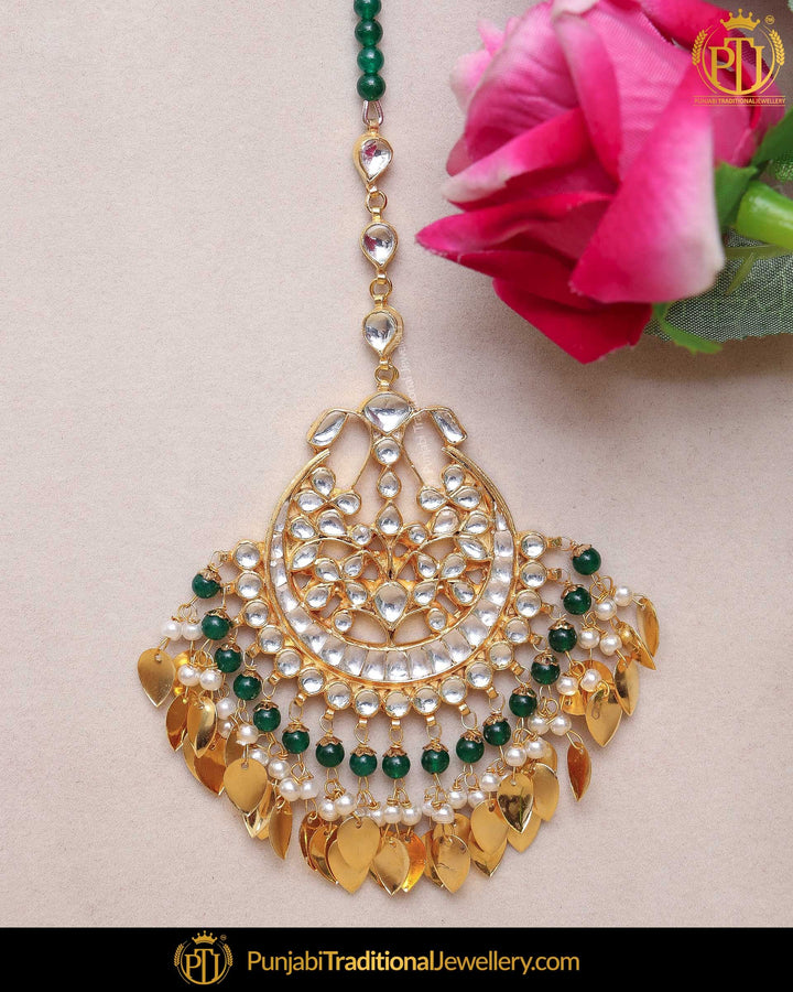 Gold Finished Pippal Patti Emerald Kundan Pearl Tikka | Punjabi Traditional Jewellery Exclusive