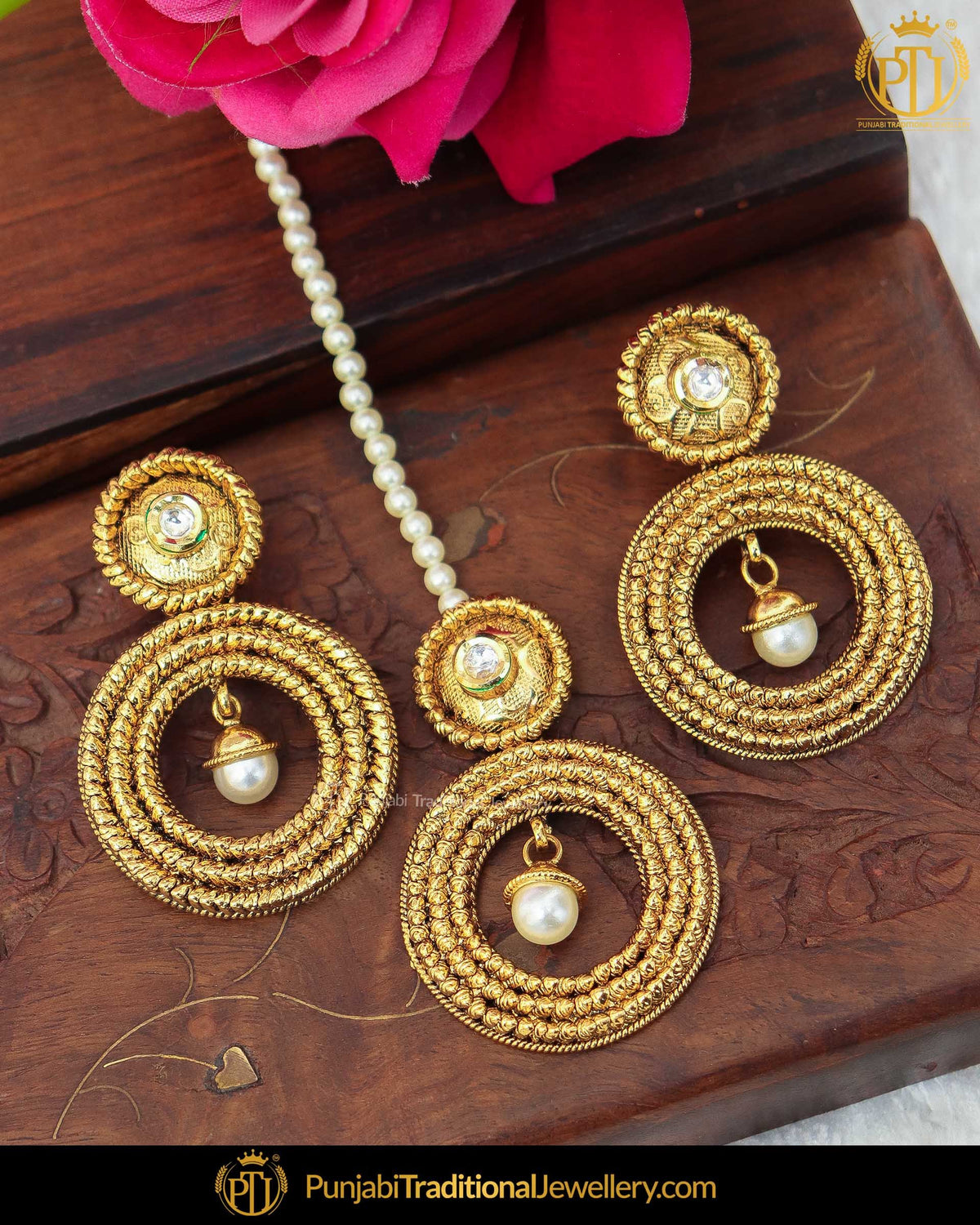 Antique Gold Finished Pearl Earring Tikka Set | Punjabi Traditional Jewellery Exclusive