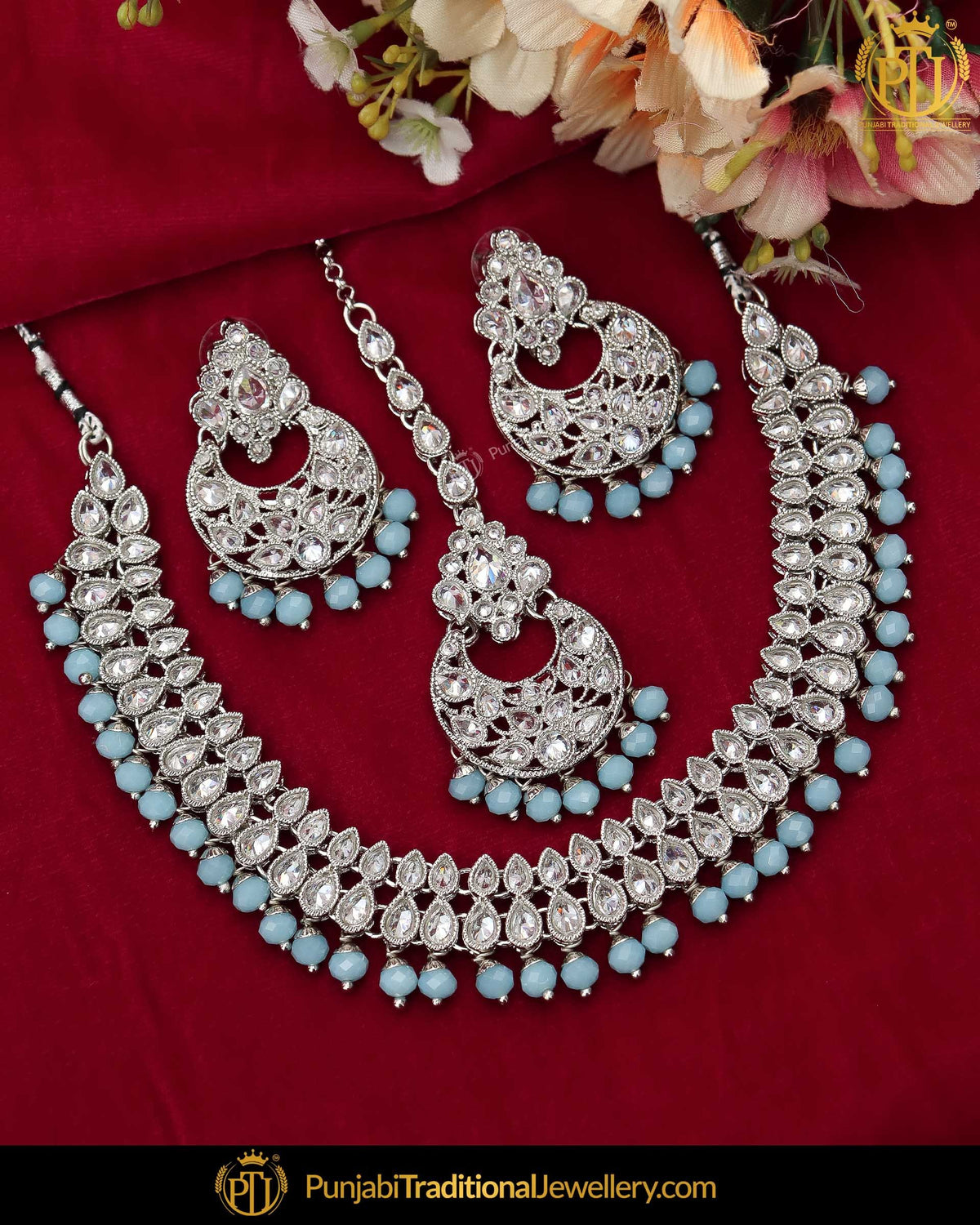 Gold Finished Champagne Stone Firozi Pearl Necklace Set | Punjabi Traditional Jewellery Exclusive