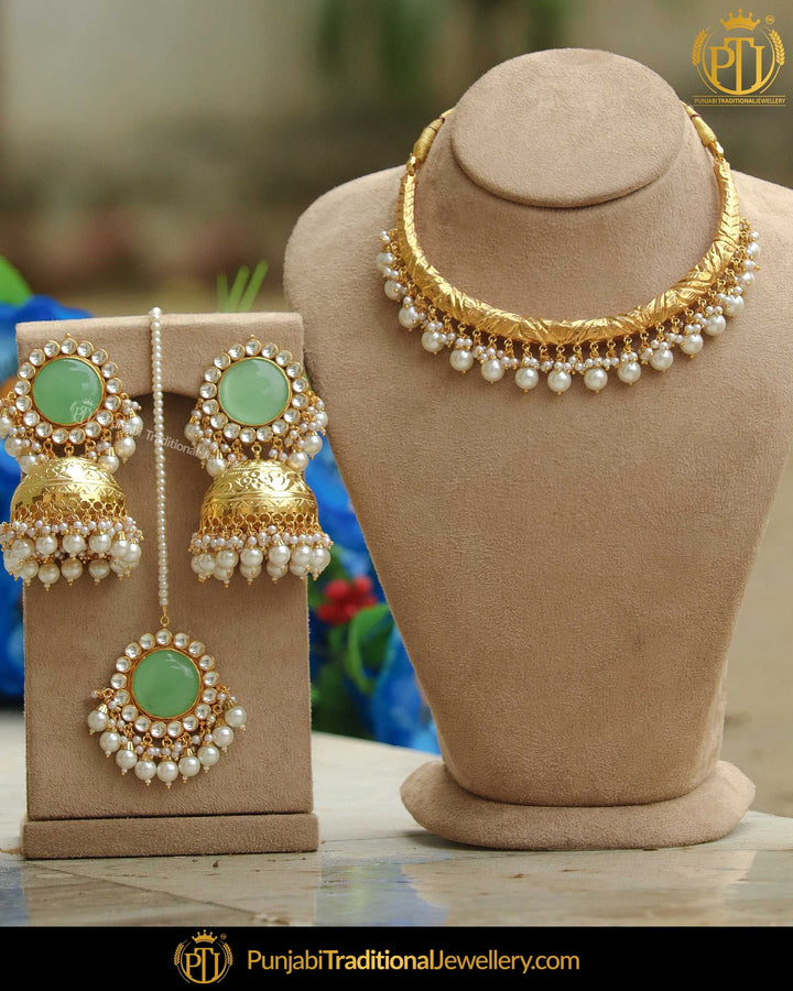 Gold Finished New Jade Pearl Hasli Bridal Necklace Set | Punjabi Traditional Jewellery Exclusive