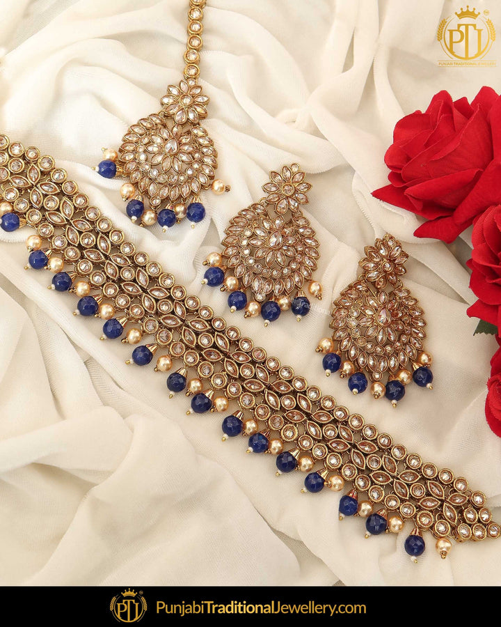 Gold Finished Blue Chamapgne Stone Pearl Choker Necklace Set | Punjabi Traditional Jewellery Exclusive