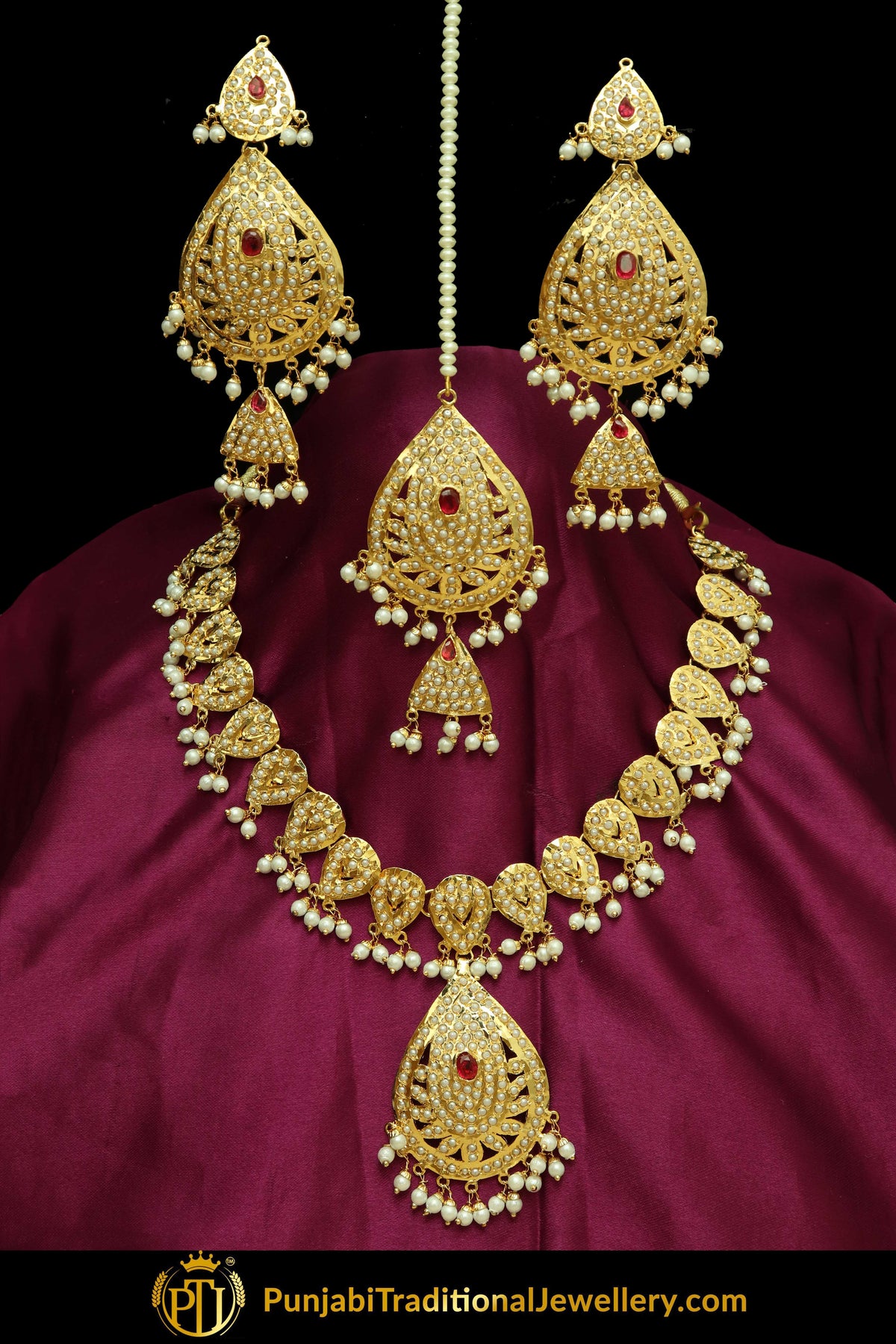 Javairea Gold Finished Rubby Jadau Necklace, Tikka & Earrings | Punjabi Traditional Jewellery Exclusive