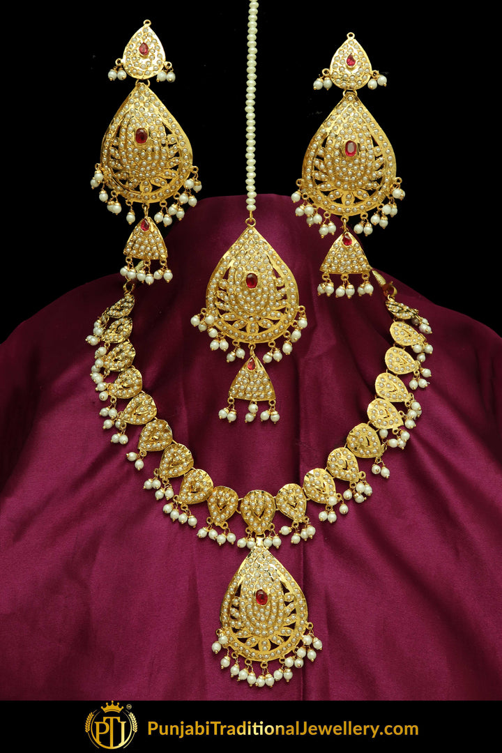 Javairea Gold Finished Rubby Jadau Necklace, Tikka & Earrings | Punjabi Traditional Jewellery Exclusive