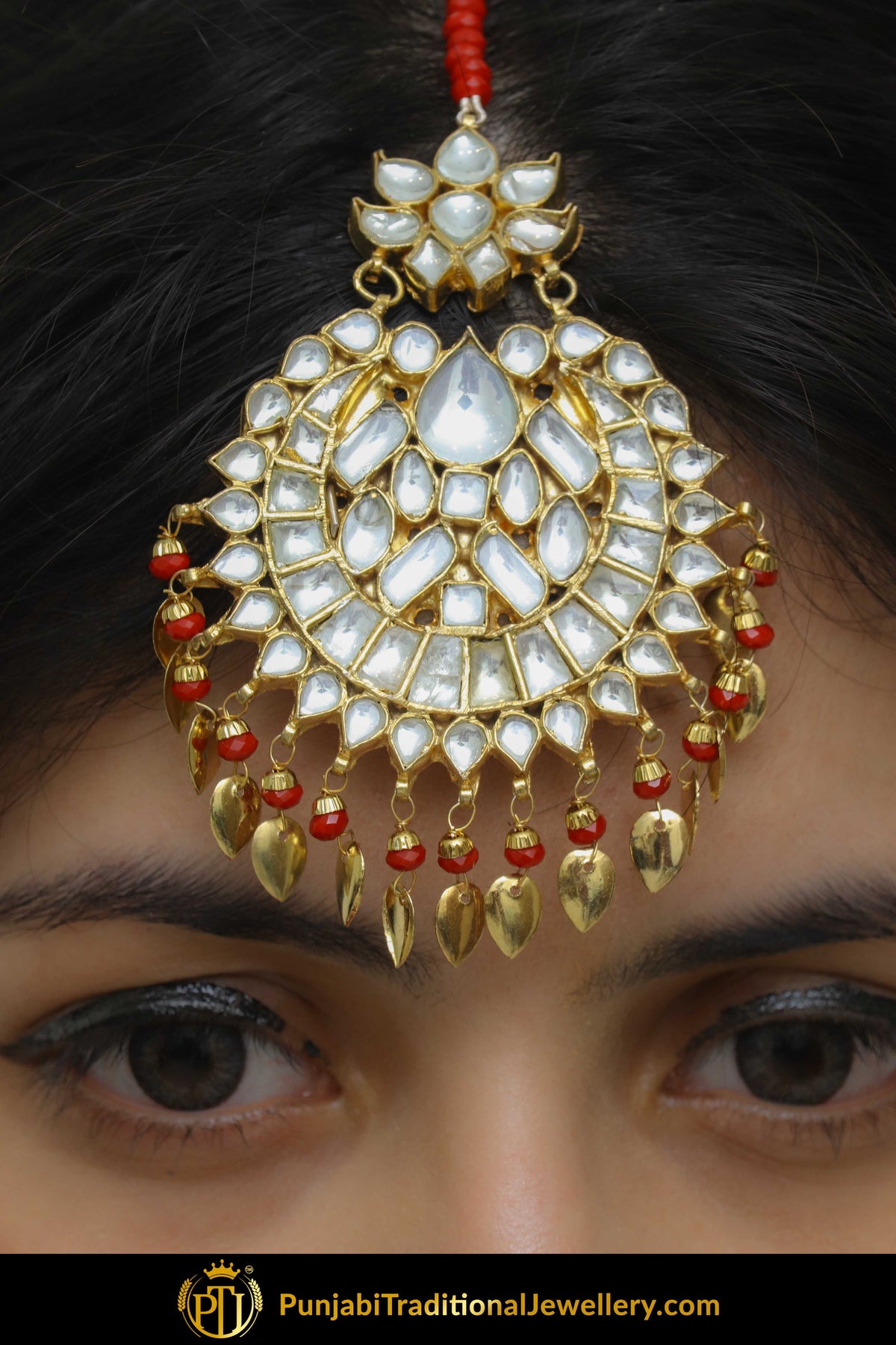 Bahar Red Kundan Pippal Patti Earring Tikka Set | Punjabi Traditional Jewellery Exclusive
